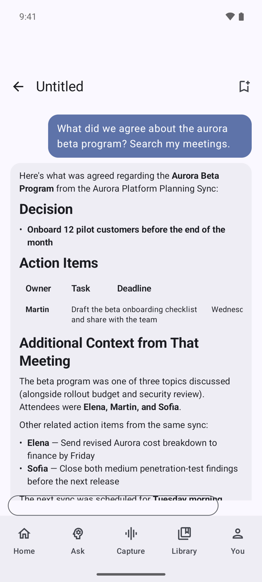 A tela de perguntas no Android mostrando uma pergunta e uma resposta estruturada com uma decisão, uma tabela de ações e contexto adicional.
