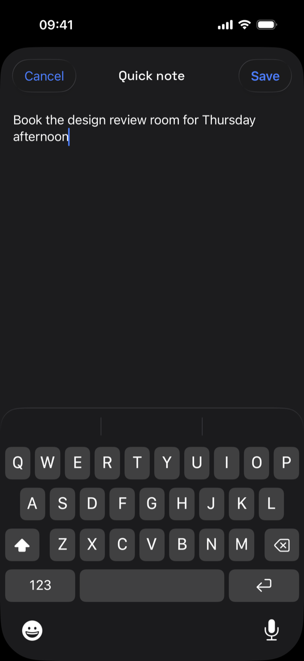 The same quick note in dark mode