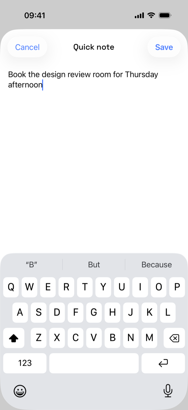 Typing a quick note on iPhone with Save ready, light mode