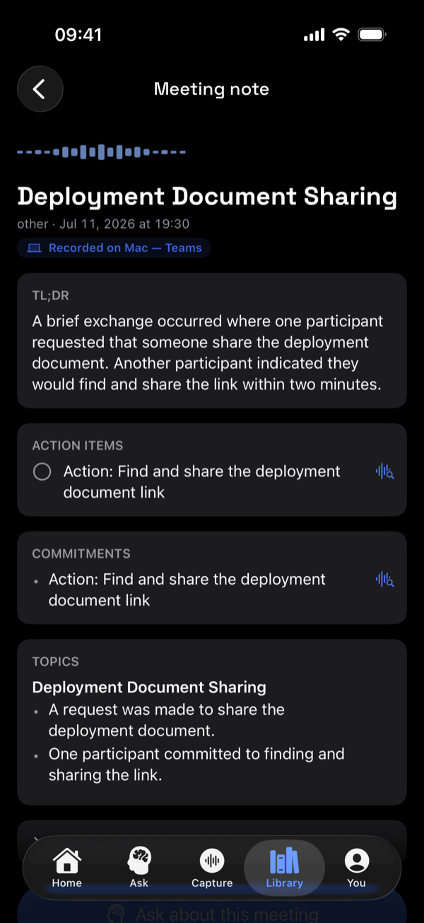 The same structured meeting note in dark mode
