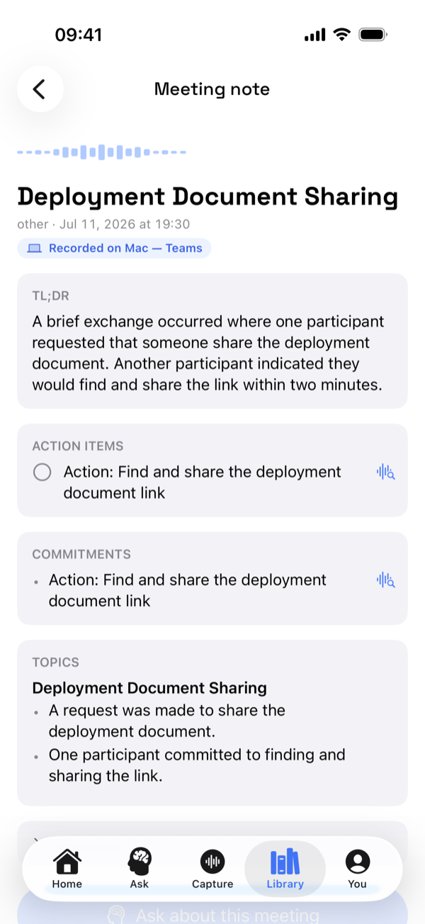 A structured meeting note on iPhone with TL;DR, action items, commitments and topics, light mode