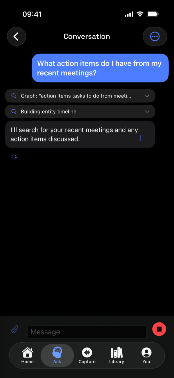 The same Ask conversation mid-search in dark mode
