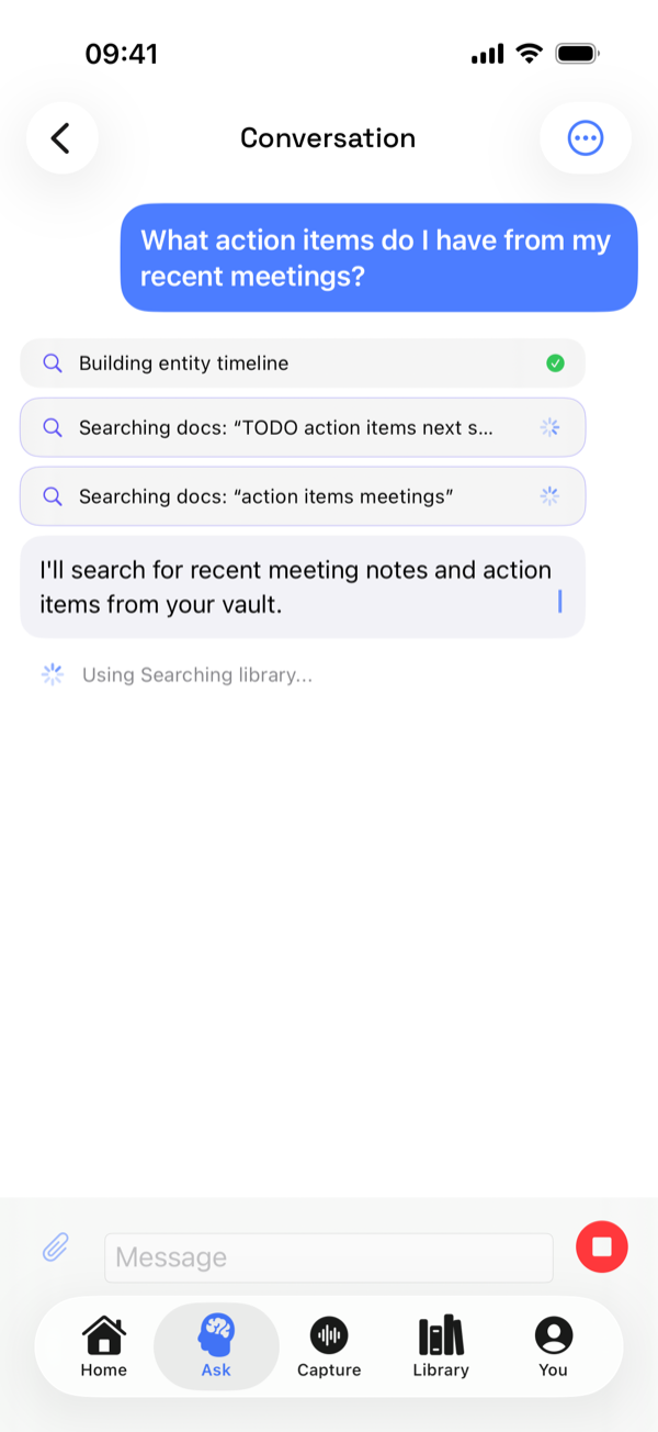 An Ask conversation on iPhone showing live tool use while searching, light mode