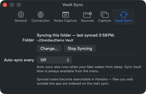 The same vault sync settings in dark appearance