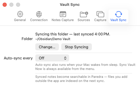 Vault sync settings showing a local Markdown folder kept in sync, light appearance