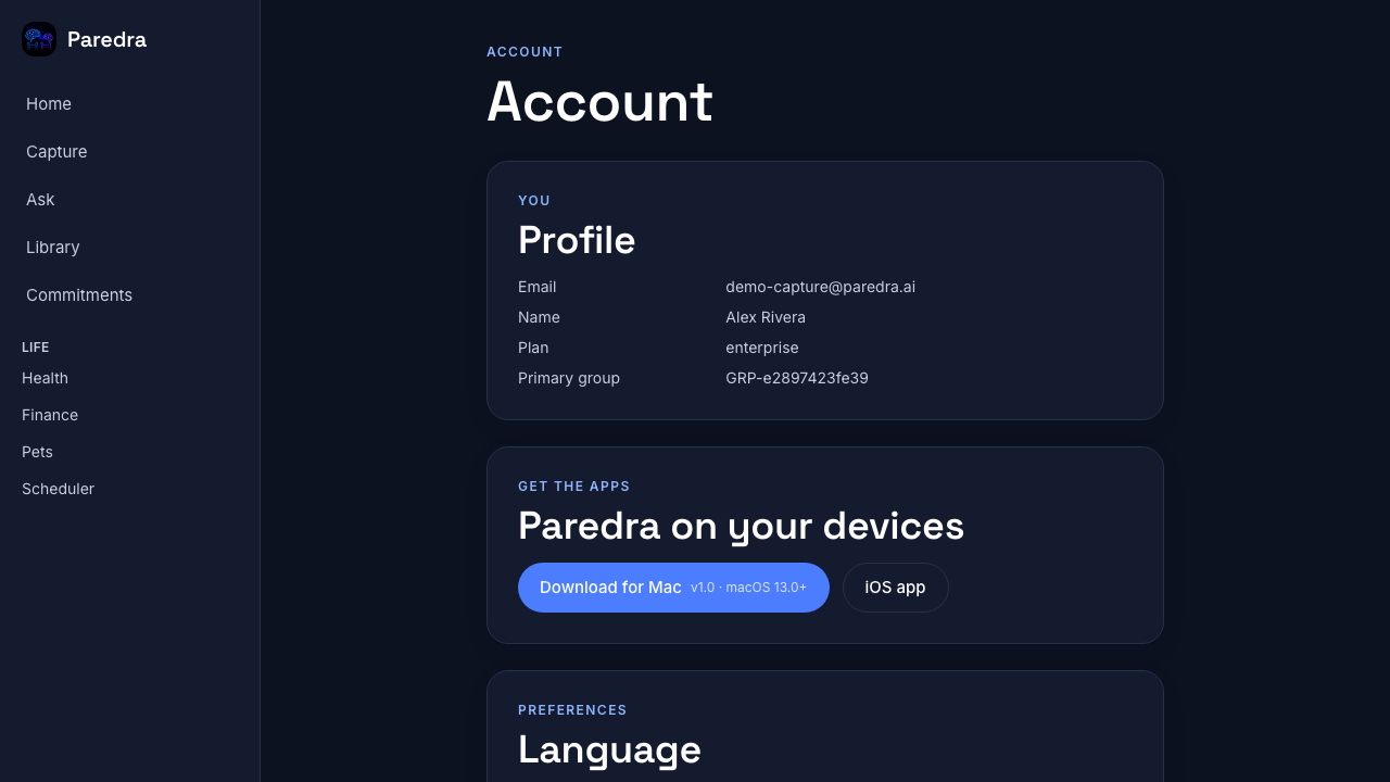 The same account page in dark theme