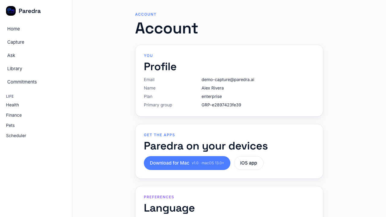 The account page with profile, apps and preferences, light theme
