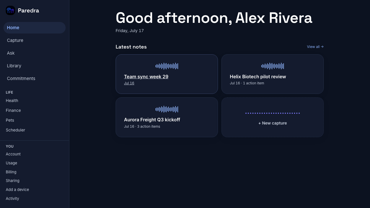 The same home screen in dark theme