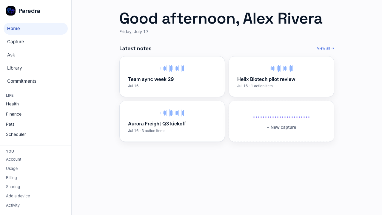 The web home screen greeting the user with latest meeting notes, light theme