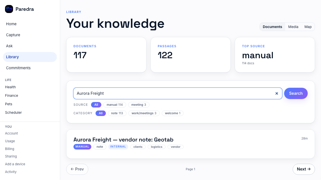 Library search across documents with source and category filters, light theme