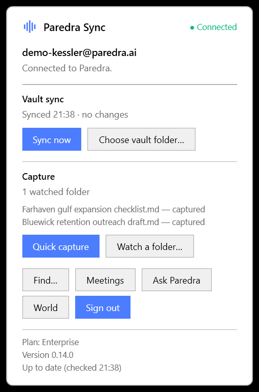 The connected flyout: green Connected status, vault synced, watched-folder files marked captured, Enterprise plan in the footer, light theme